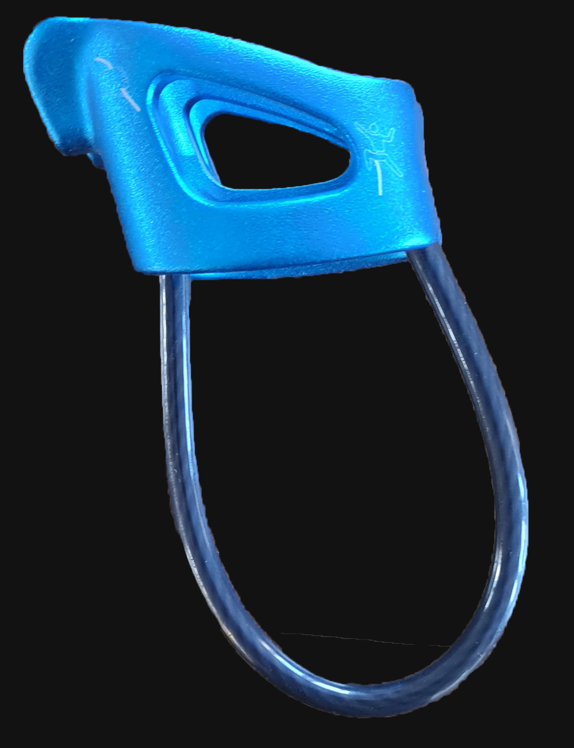 A blue ATC belay device